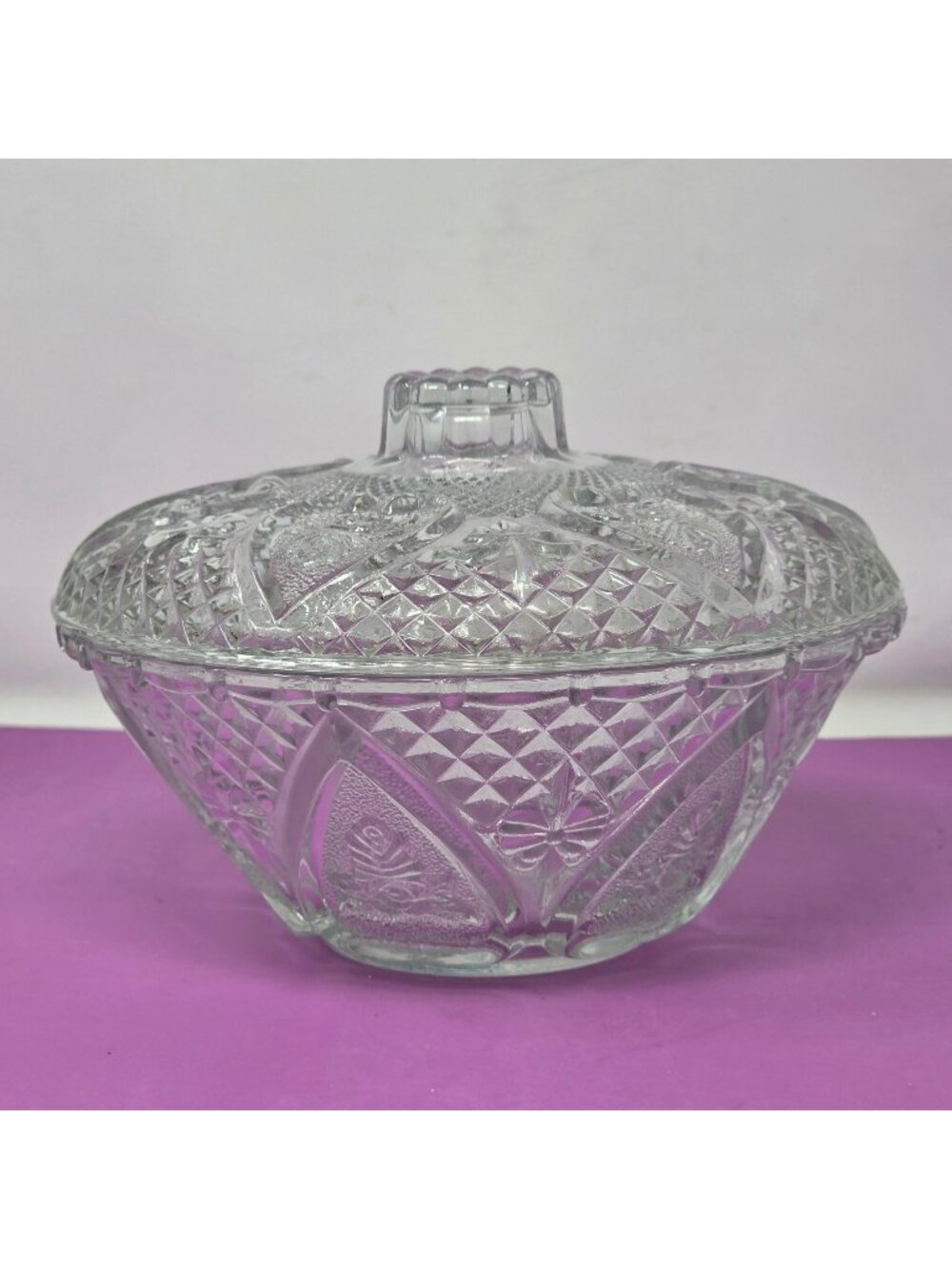 Vintage Clear Glass Candy Dish Lid Diamond & Floral Pattern Elegant Decorative